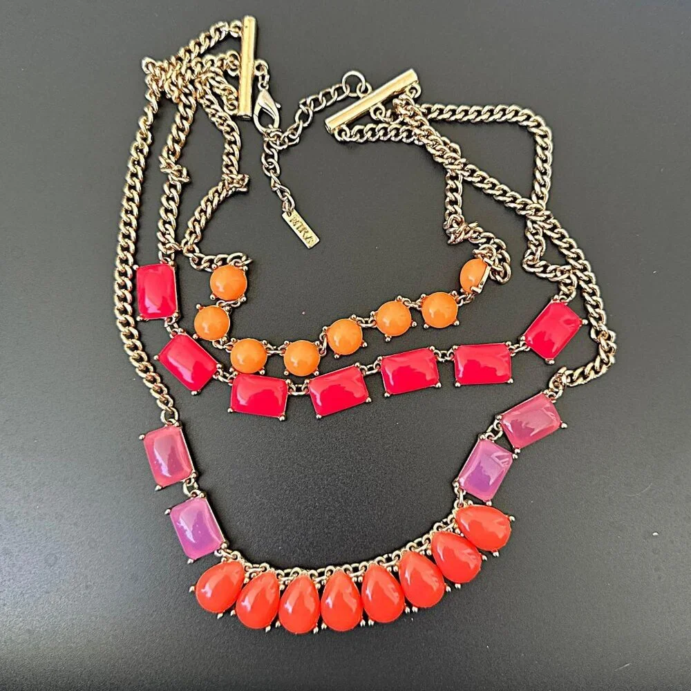 MIKA Statement Necklace Triple Layered Chunky Statement Gold Tone Coral Orange P